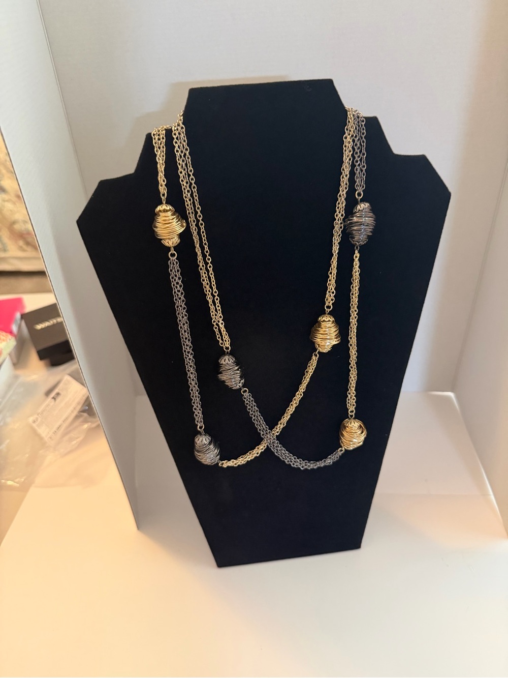 Two-Tone Gold and Silver Long Necklace with Textured Orb Accents